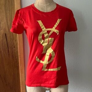 VTG Yves Saint Laurent sz S Red Logo Tee Gold YSL Short Sleeve